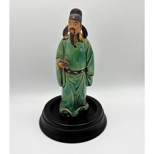 Vintage Chinese Mud Man Scholar Green Robe Standing with decorative Base 6.5"